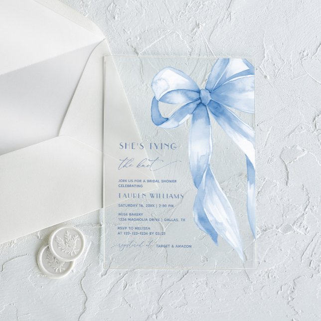 Dusty Blue Bow She's Tying the Knot Bridal Shower Acrylic Invitations (Creator Uploaded)