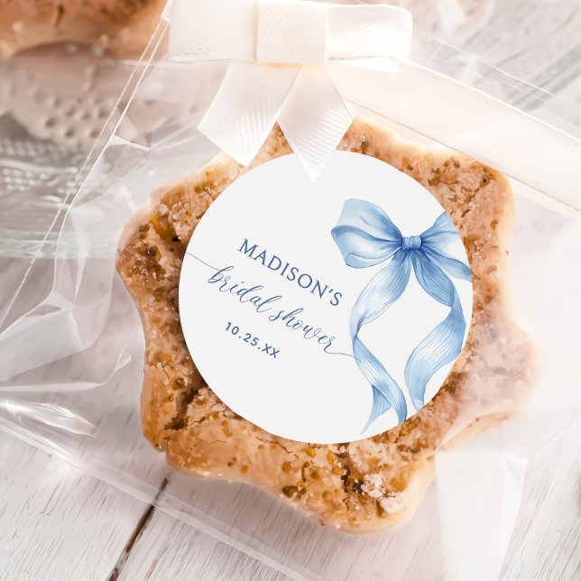 Dusty Blue Bow She's Tying The Knot Bridal Shower Classic Round Sticker (Creator Uploaded)