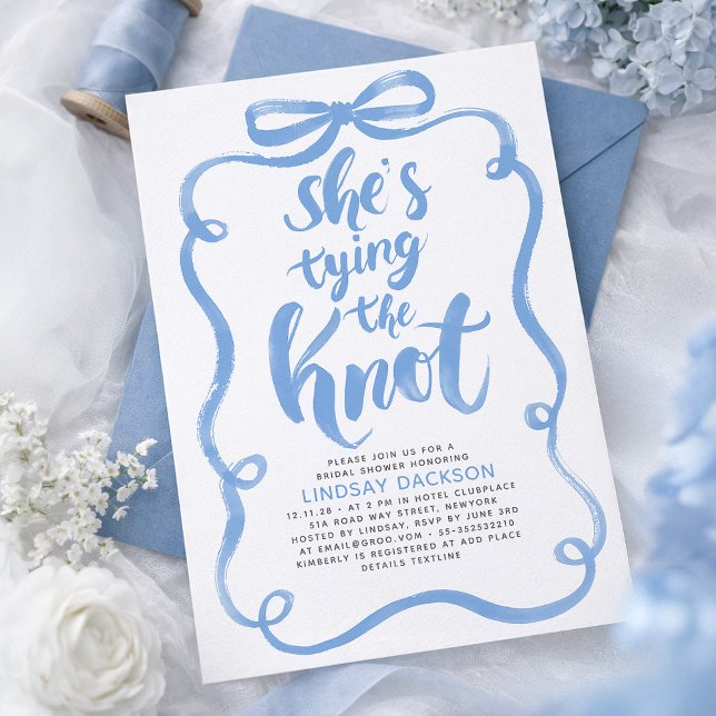 Dusty Blue Bow She's Tying The Knot Bridal Shower Invitation (Dusty Blue Bow Whimsical Bridal Shower Invitation She's Tying The Knot)