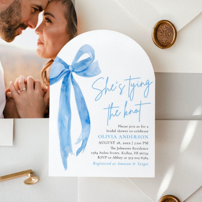 Dusty Blue Bow She's Tying the Knot Bridal Shower Invitation (Modern Watercolor Dusty Blue Bow She's Tying the Knot Bridal Shower Invitation )