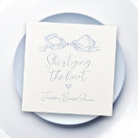 Dusty Blue Bow She's Tying the Knot Bridal Shower Napkin<br><div class="desc">Elegant she's tying the knot bridal shower napkins feature hand drawn ribbon bow with modern handwritten script fonts in dusty blue,  clean and simple. Great for modern romantic wedding,  unique fun whimsical wedding,  elegant casual wedding.  
See all the matching pieces in collection.</div>