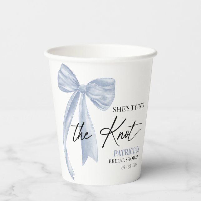 Dusty Blue Bow She's Tying the Knot Bridal Shower Paper Cups (Back)