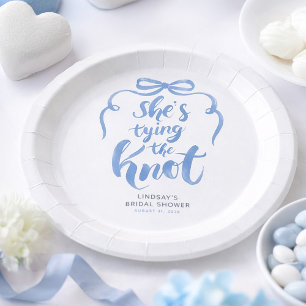Dusty Blue Bow She's Tying the Knot Bridal Shower Paper Plate