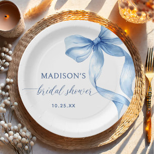 Dusty Blue Bow She's Tying The Knot Bridal Shower Paper Plate