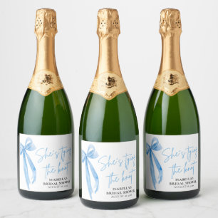 Dusty Blue Bow She's Tying the Knot Bridal Shower Sparkling Wine Label
