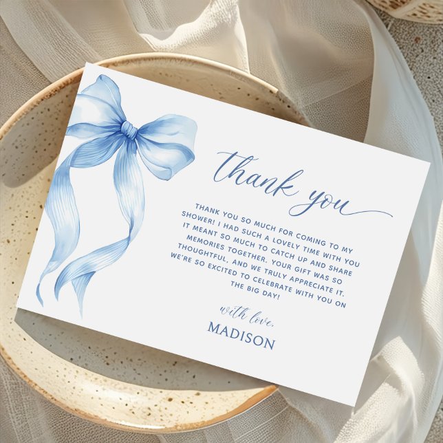 Dusty Blue Bow She's Tying The Knot Bridal Shower Thank You Card (Creator Uploaded)