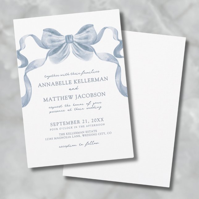 Dusty Blue Bow Whimsical Elegant Wedding Invitatio Invitation (Dusty Blue Bow Whimsical Elegant Wedding Invitatio Invitation)