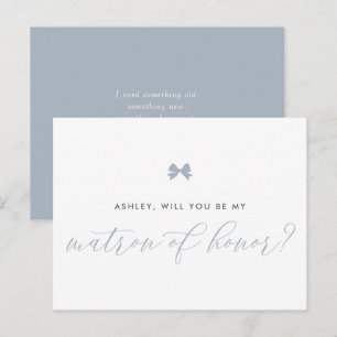 Dusty Blue Bow Will You Be My Matron of Honour Car Postcard