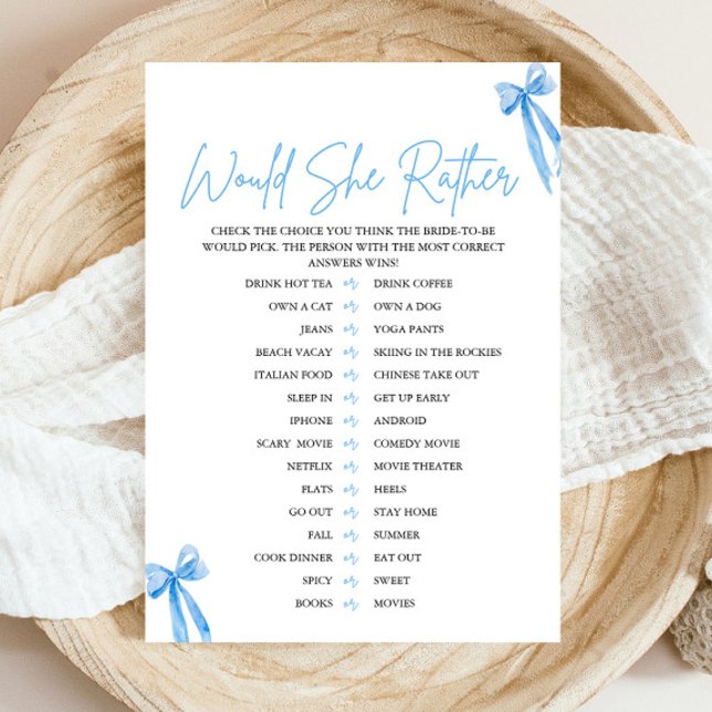 Dusty Blue Bow Would She Rather Bridal Shower Game Invitation (Modern Watercolor Dusty Blue Bow Would She Rather Bridal Shower Game)