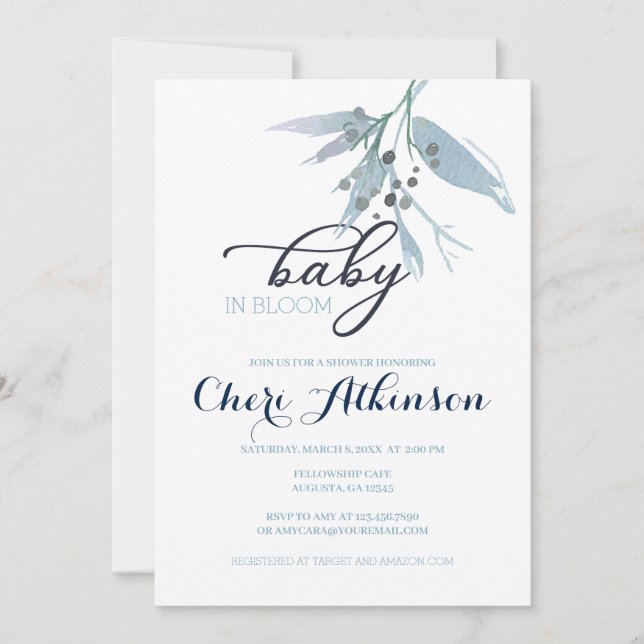 Dusty Blue Boy Baby In Bloom Shower Invitation (Front)