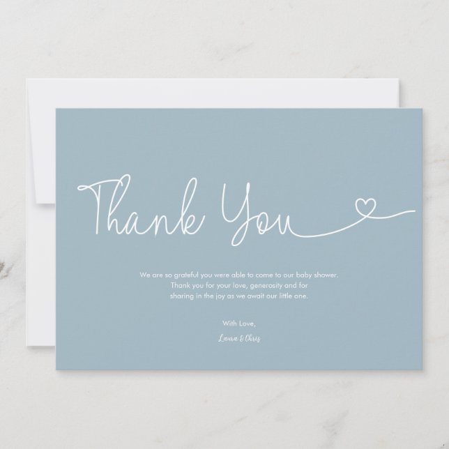 Dusty Blue Boy Baby Shower Script Heart  Thank You Card (Front)