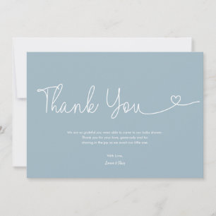 Dusty Blue Boy Baby Shower Script Heart  Thank You Card