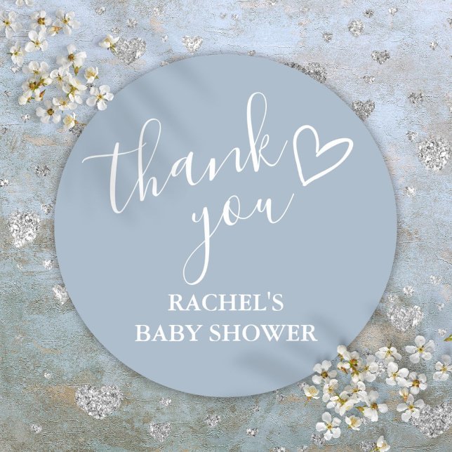 Dusty Blue Boy Baby Shower Script Heart Thank You Classic Round Sticker (Dusty Blue Boy Baby Shower Script Heart Thank You Classic Round Sticker)