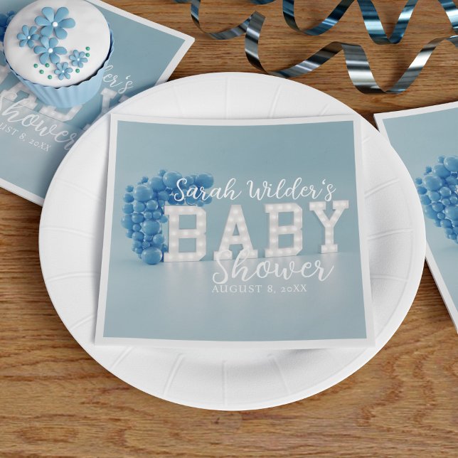 Dusty Blue Boy Balloon Arch Baby Shower Party Napkin (A blue baby shower paper napkin with space for your party details)