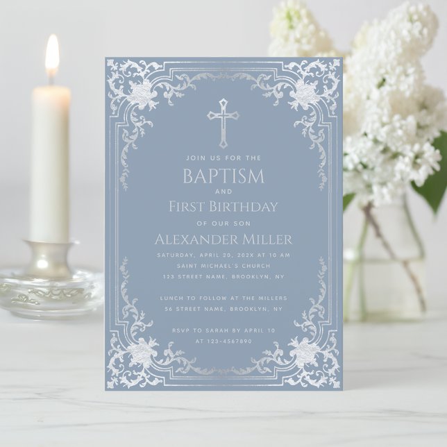 Dusty Blue Boy Baptism First Birthday Vintage Invitation (Creator Uploaded)
