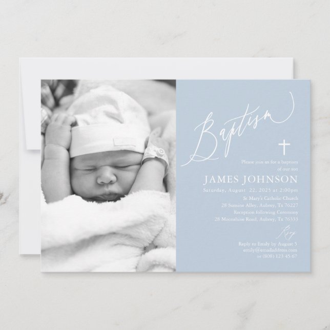 Dusty Blue Boy Baptism Photo Invitation (Front)