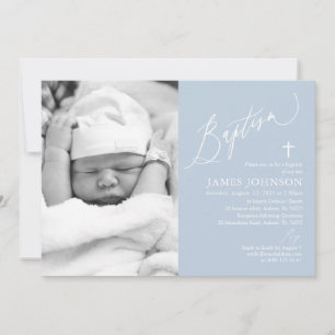 Dusty Blue Boy Baptism Photo Invitation