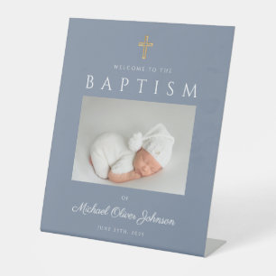Dusty Blue Boy Baptism Photo Welcome Pedestal Sign
