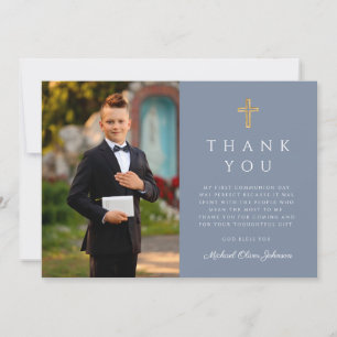 Dusty Blue Boy First Communion Cross Photo Thank You Card