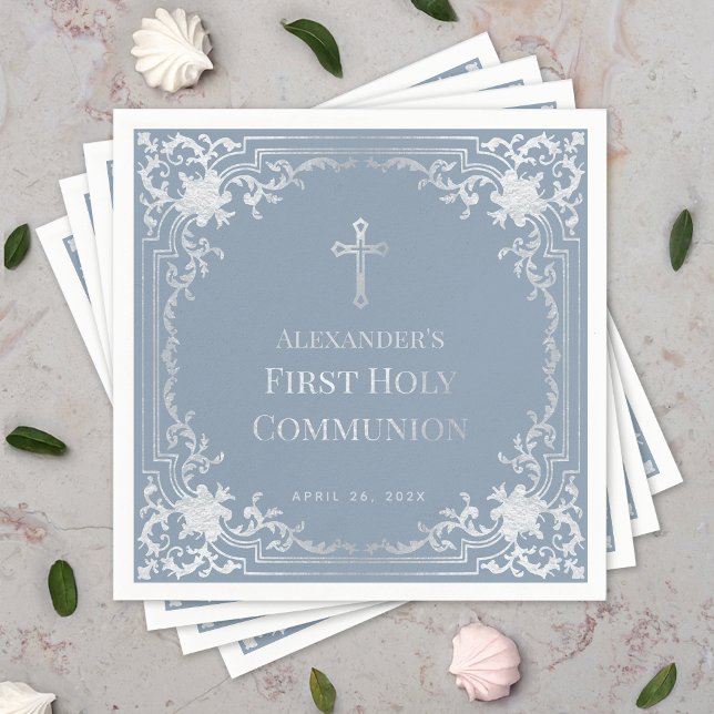 Dusty Blue Boy First Communion Elegant Vintage Napkin (Creator Uploaded)