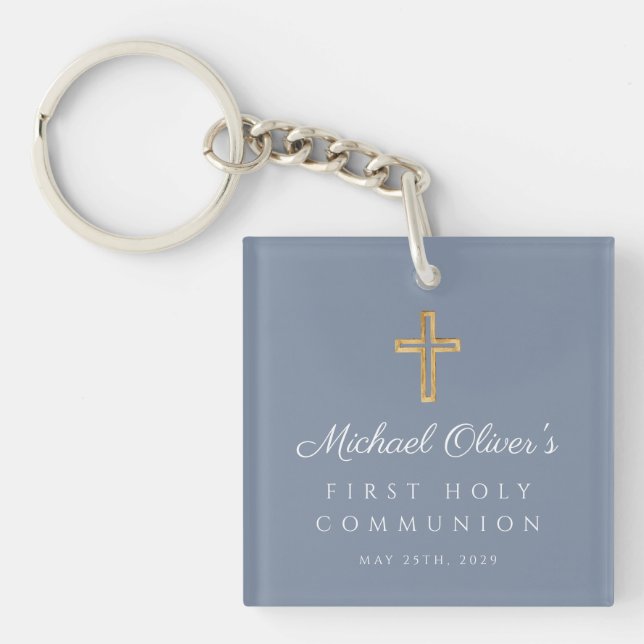 Dusty Blue Boy First Communion Photo Key Ring (Front)