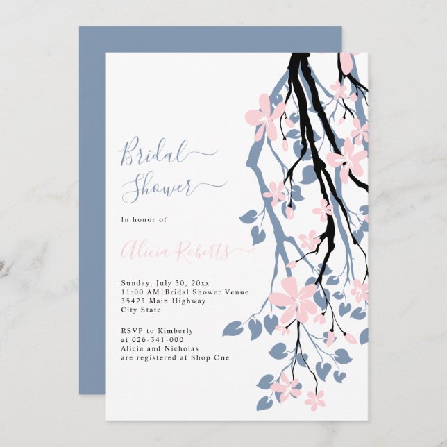 Dusty blue branch, pink flowers bridal shower invitation (Front/Back)