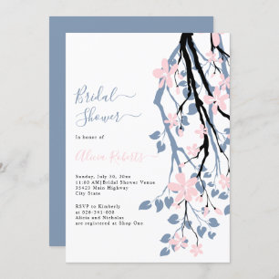 Dusty blue branch, pink flowers bridal shower invitation
