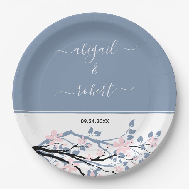 Dusty blue branch with blush flowers, wedding paper plate (Front)