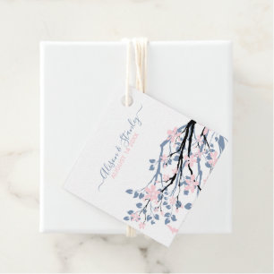 Dusty blue branch with blush pink flowers wedding favour tags
