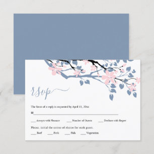 Dusty blue branch with blush pink flowers wedding RSVP card