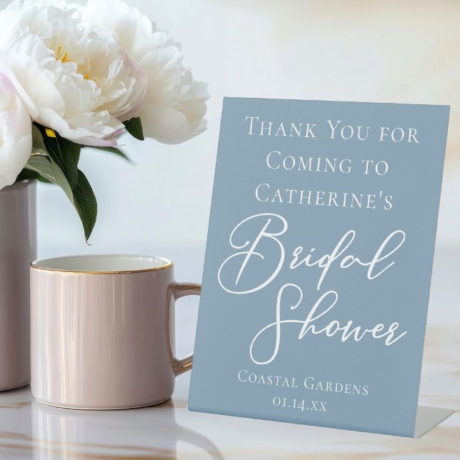 Dusty Blue Bridal Shower Personalised White Script Pedestal Sign (Creator Uploaded)