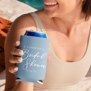 Dusty Blue Bridal Shower Personalized White Script Can Cooler