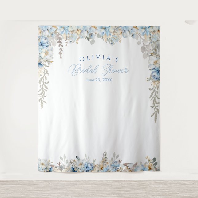 Dusty Blue Bridal Shower Photo Booth Backdrop Tapestry (Front)