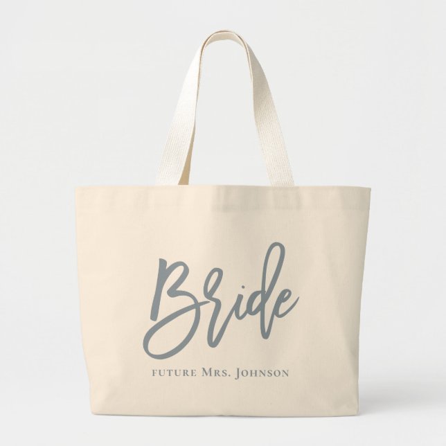 Dusty Blue Bride Script Large Tote Bag (Front)