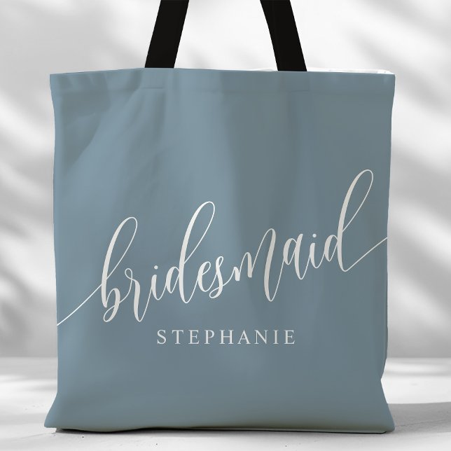 Dusty Blue Bridesmaid Modern Script Tote Bag (Creator Uploaded)