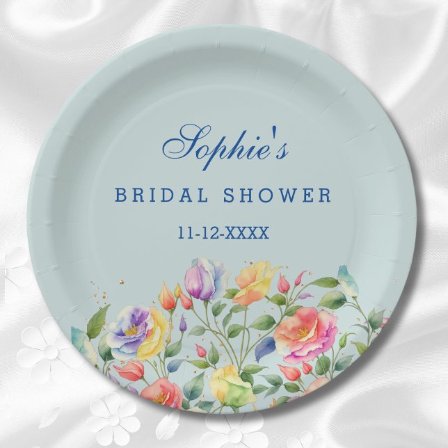 Dusty Blue Bright Floral Pink Roses Bridal Shower  Paper Plate (Creator Uploaded)