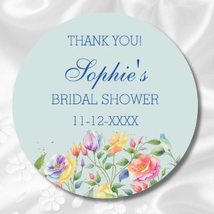 Dusty Blue Bright Roses Bridal Shower Thank You Classic Round Sticker