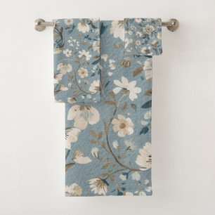 Dusty Blue Brown Cream Cottage Floral Bath Towel Set