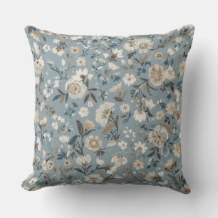 Dusty Blue Brown Cream Cottage Floral Cushion