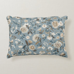 Dusty Blue Brown Cream Cottage Floral Decorative Cushion