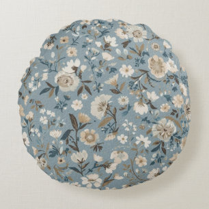 Dusty Blue Brown Cream Cottage Floral Round Cushion