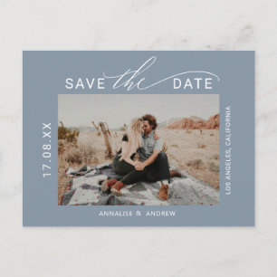 Dusty blue brush script 2 photos save the date postcard