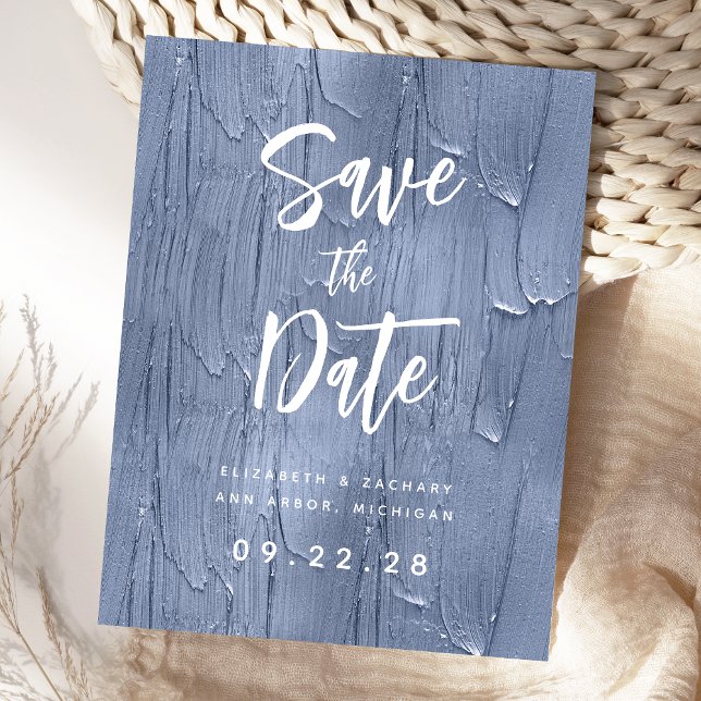 Dusty Blue Brush Strokes QR Code Save the Date Announcement Postcard (Creator Uploaded)