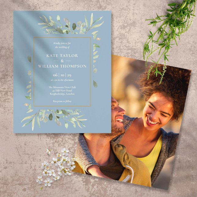 Dusty Blue Budget Foliage Wedding Photo Invitation (Creator Uploaded)