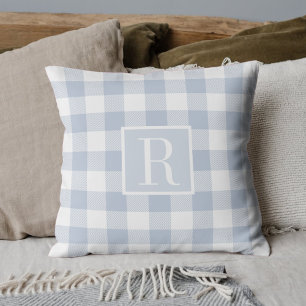 Dusty Blue Buffalo Check Monogram Cushion