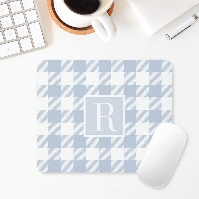 Dusty Blue Buffalo Check Monogram Initial Mouse Pad (Creator Uploaded)