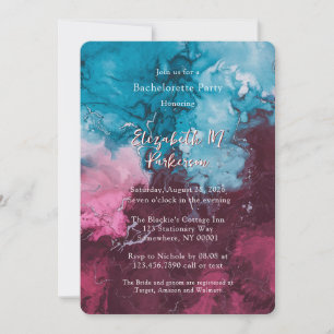Dusty Blue Burgundy Alcohol Ink Bachelorette Party Invitation