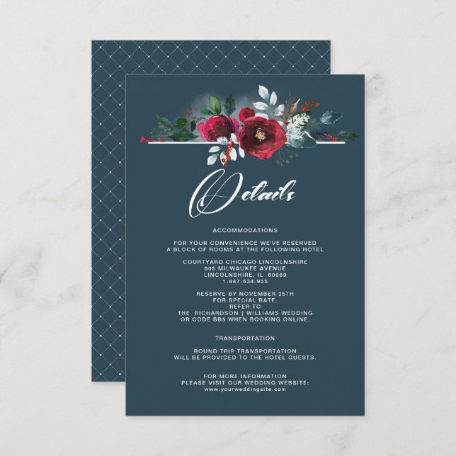 Dusty Blue | Burgundy Bloom Wedding Details Cards (Front/Back)
