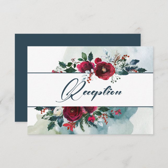 Dusty Blue | Burgundy Bloom Wedding Reception Card (Front/Back)