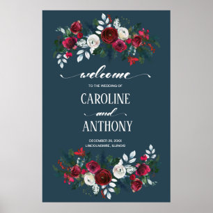 Dusty Blue Burgundy Bloom Wedding Welcome Sign